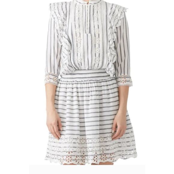 Scotch and Soda Broderie Anglaise embroidered eyelet ruffle striped mini dress - Picture 1 of 13